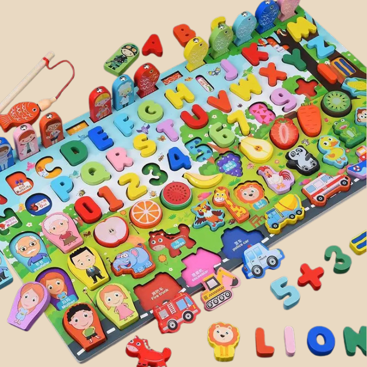 Montessori-Inspired Wooden Alphabet, Shape & Numbers Puzzle Board Variant
