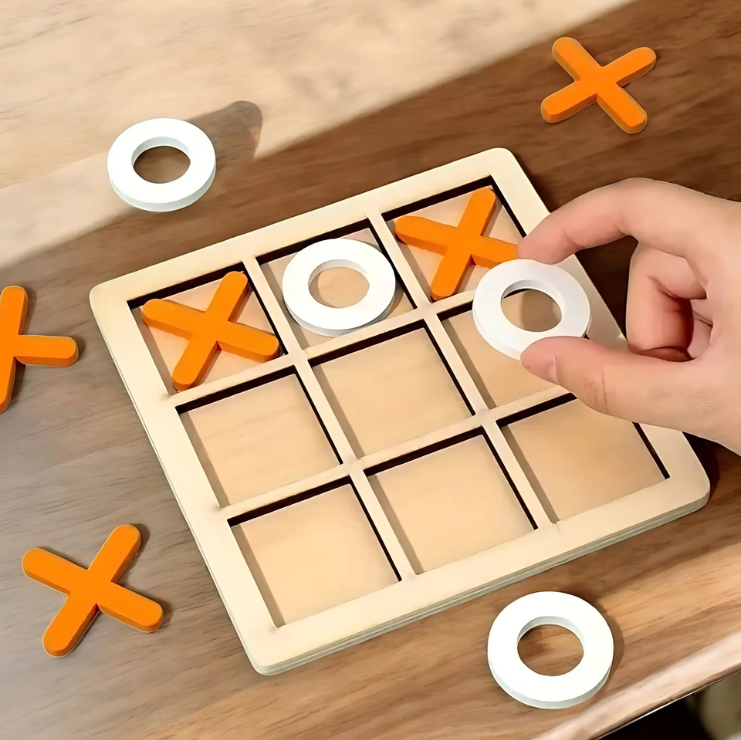 Kid Playing with Montessori-Inspired Wooden Tic Tac Toe Game
