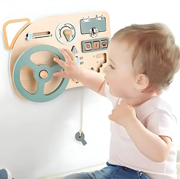 Kids Playing with Montessori-Inspired Wooden Steering Wheel Busy Board