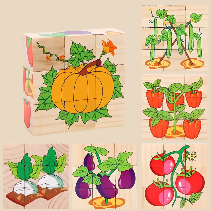 Montessori-Inspired Wooden Six-Sided Cube Puzzle Vegetables