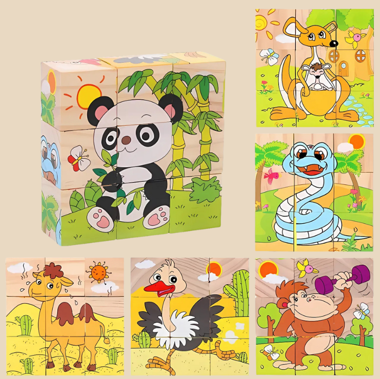 Montessori-Inspired Wooden Six-Sided Cube Puzzle Wild Animals