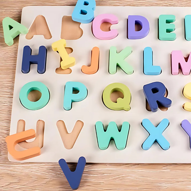 Wooden Numbers, Letters & Shapes Puzzle Board Close Up