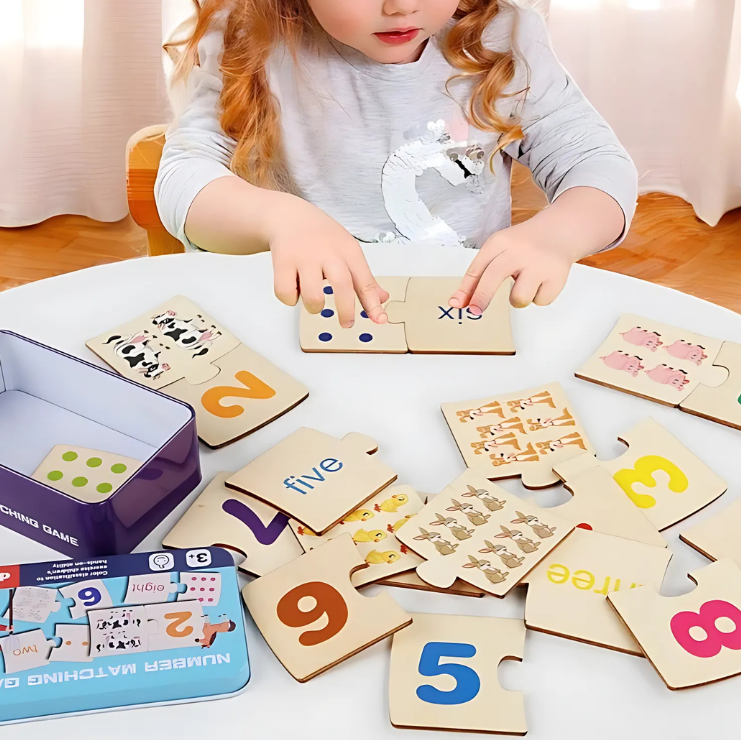 Kid Playing with Montessori Wooden Number Matching Puzzle Game
