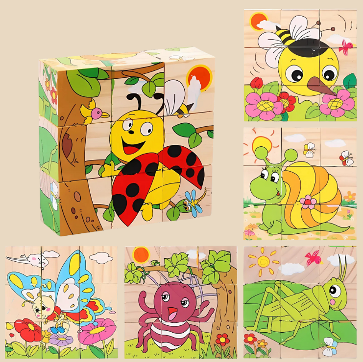 Montessori-Inspired Wooden Six-Sided Cube Puzzle Animals