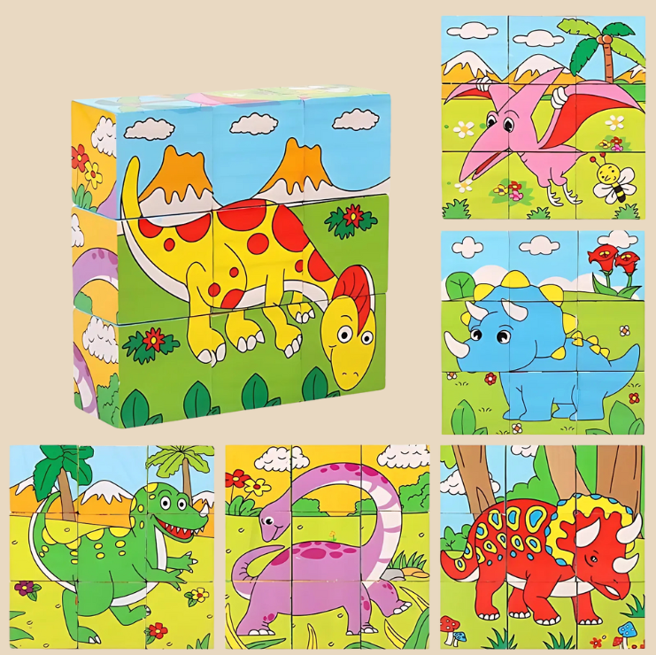 Montessori-Inspired Wooden Six-Sided Cube Puzzle Dinosaur