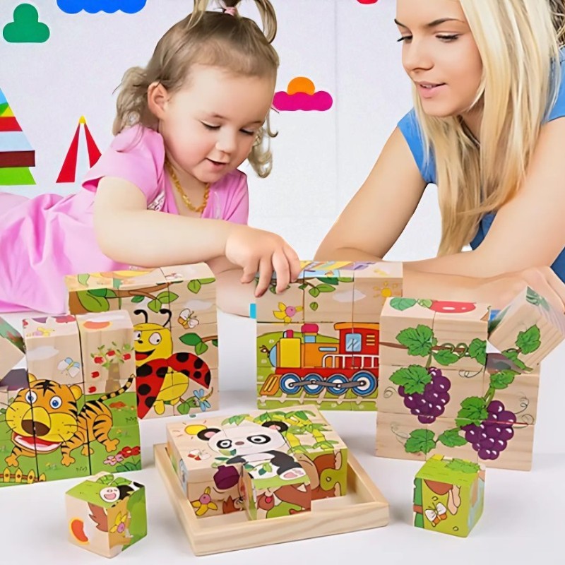 Kid and mom playing Montessori-Inspired Wooden Six-Sided Cube Puzzle