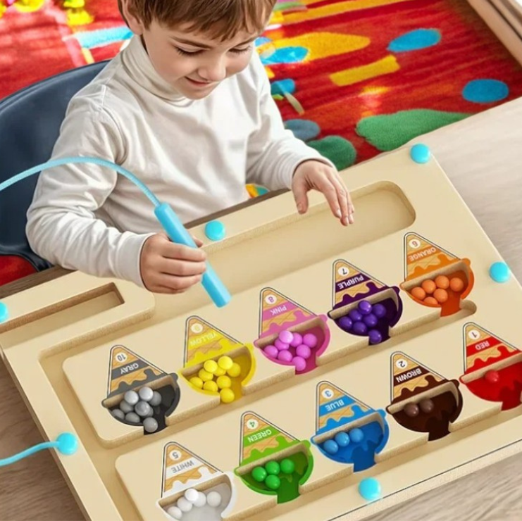 Kid Playing with Wooden Magnetic Bead Maze Puzzle Toy