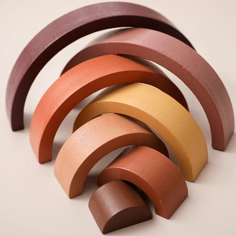 Wooden Rainbow Stacking Blocks Pieces Brown
