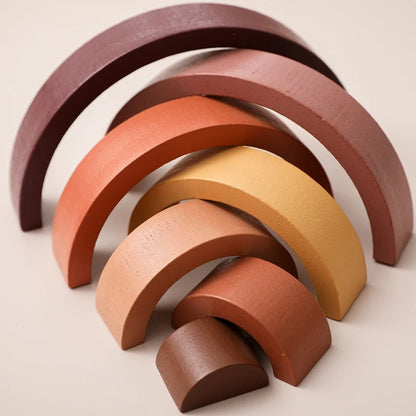 Wooden Rainbow Stacking Blocks Pieces Brown