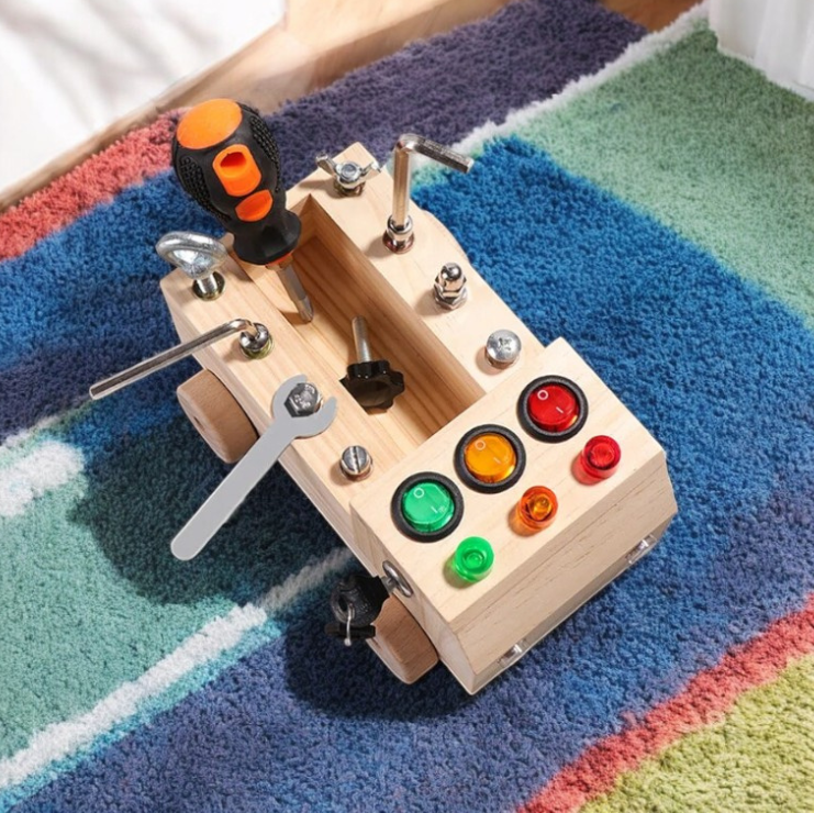 Wooden Montessori-Inspired Busy Board with Tools & Light-Up Switches on a Rug