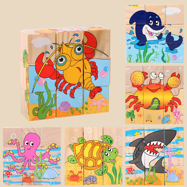 Montessori-Inspired Wooden Six-Sided Cube Puzzle Sea Animals