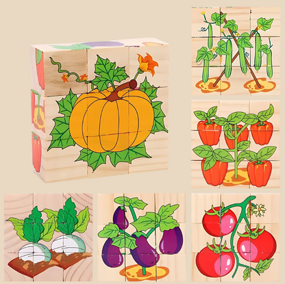 Montessori-Inspired Wooden Six-Sided Cube Puzzle Vegetables