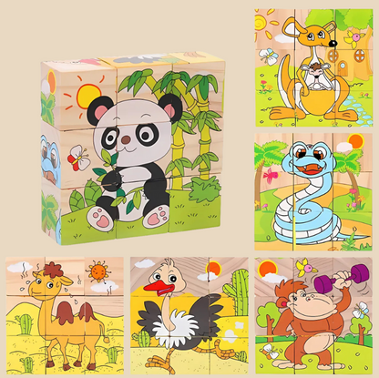 Montessori-Inspired Wooden Six-Sided Cube Puzzle Wild Animals 