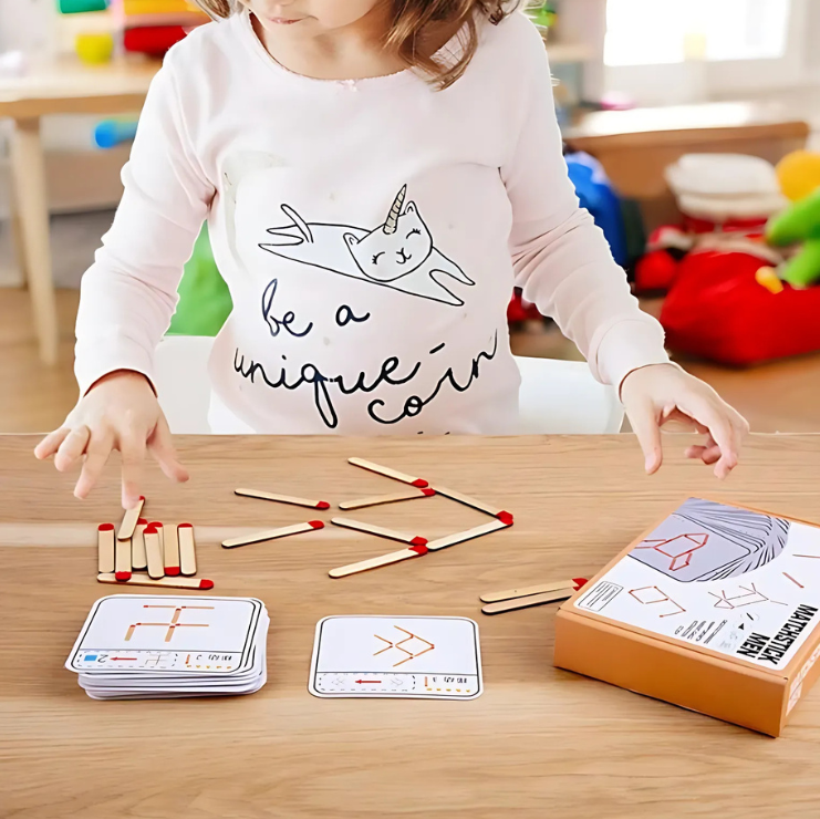 Kid playing with Montessori-Inspired Matchsticks Puzzle Game