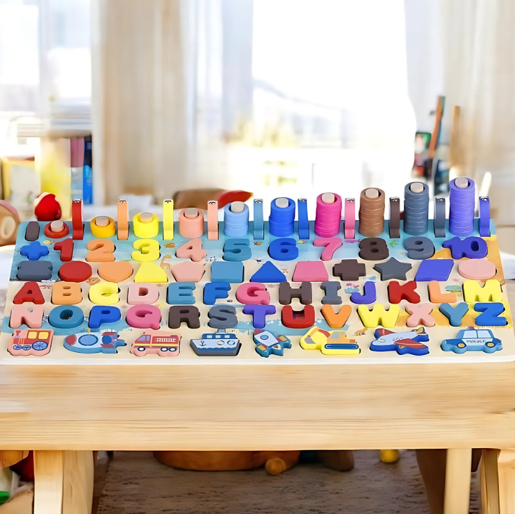 Montessori-Inspired Wooden Alphabet, Shape & Numbers Puzzle Board Close Up