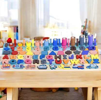 Montessori-Inspired Wooden Alphabet, Shape & Numbers Puzzle Board Close Up