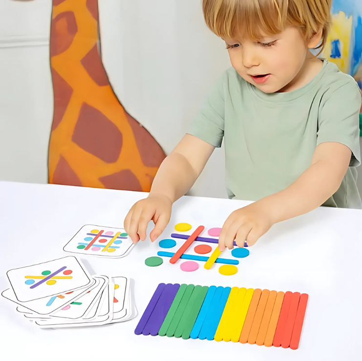 Kid Playing with Montessori Wooden Rainbow Sticks Puzzle Logic Game