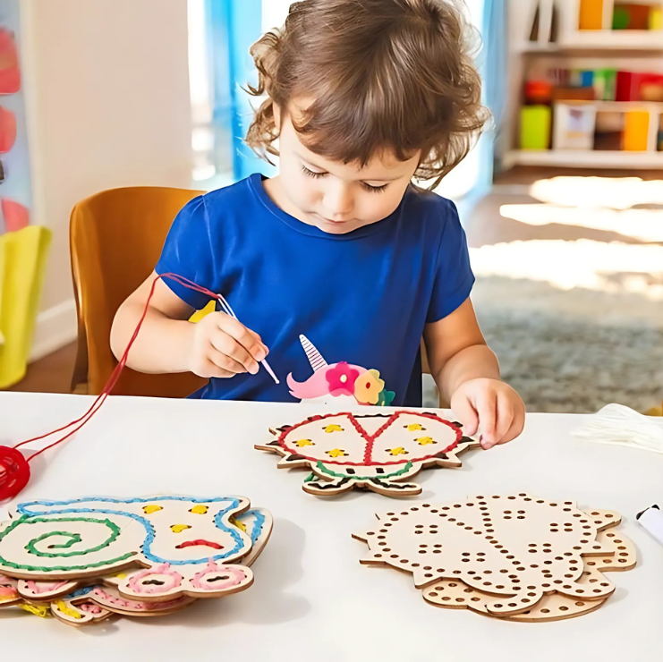 Kid playing with Montessori-Inspired Wooden Lacing Toy for Fine Motor Skill Activity