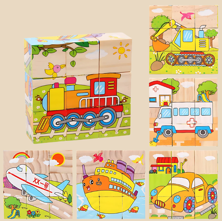Montessori-Inspired Wooden Six-Sided Cube Puzzle Transportation