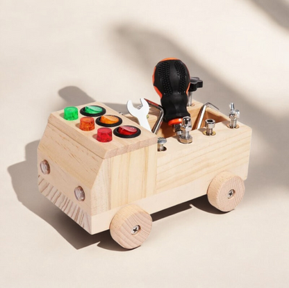 Wooden Montessori-Inspired Busy Board with Tools & Light-Up Switches Featured Image