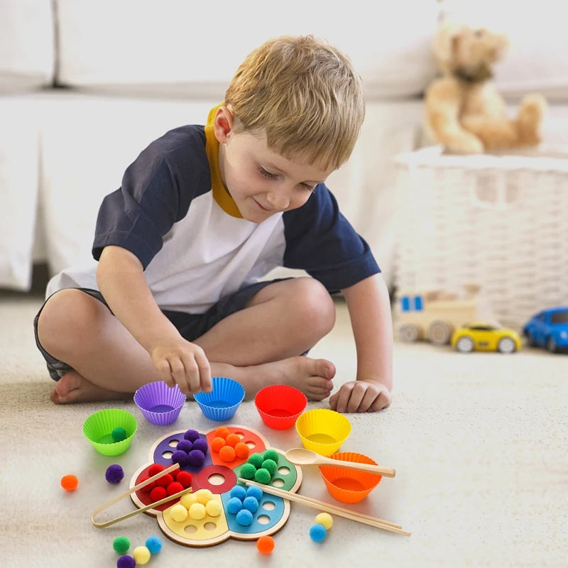 Kid playing with Montessori-Inspired Wooden Rainbow Colour Sorting Toy