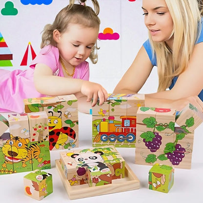 Kid and mom playing Montessori-Inspired Wooden Six-Sided Cube Puzzle