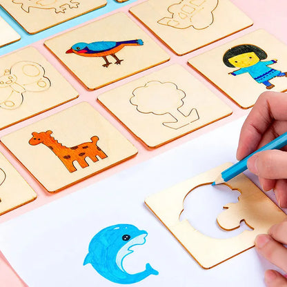 Montessori-Inspired Wooden Drawing Stencils Set for Kids Close Up