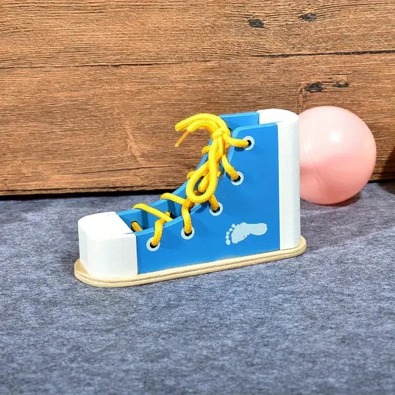 Montessori-Inspired Wooden Shoe Lacing Toy to Learn to Tie Shoelaces Blue