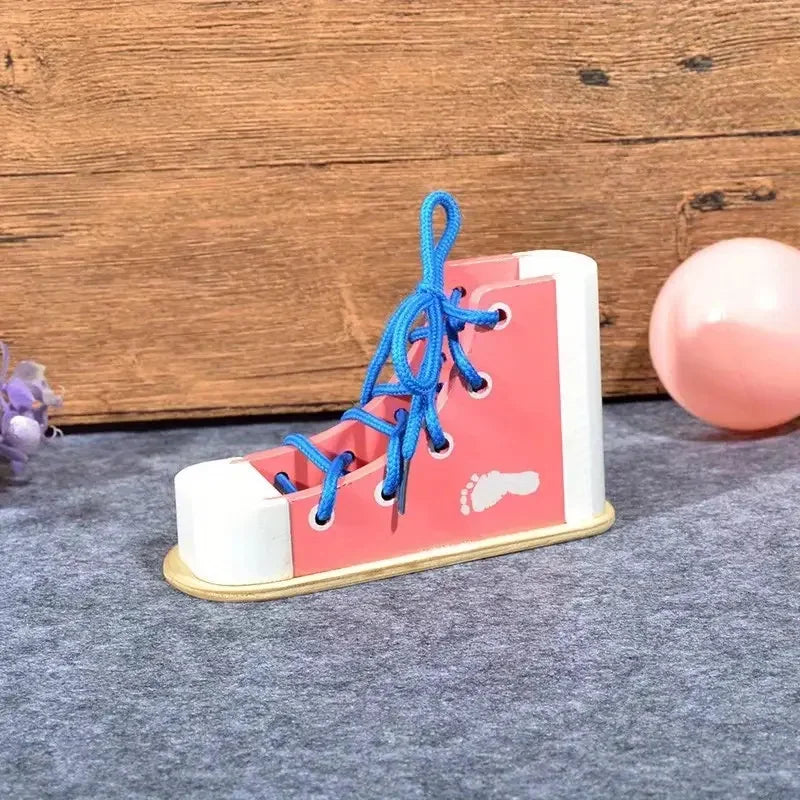 Montessori-Inspired Wooden Shoe Lacing Toy to Learn to Tie Shoelaces Pink