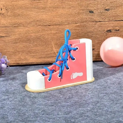Montessori-Inspired Wooden Shoe Lacing Toy to Learn to Tie Shoelaces Pink